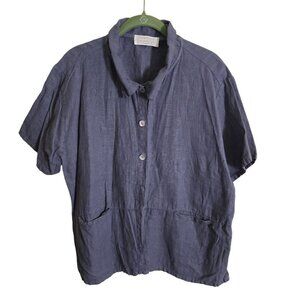 Potpourri Designs Blue Linen Lagonlook Minimalist Button Down Blouse One Size